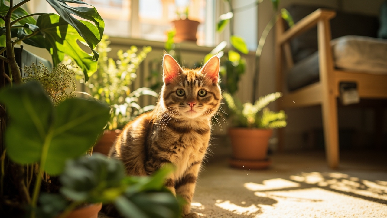 Piante da interno in un vivaio con un gatto che osserva